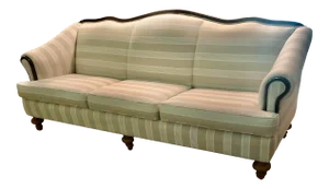 Vintage Camel Back Sofa With Wood Trim and New Upholstery