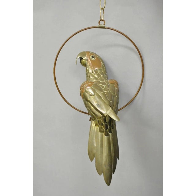 Vintage Sergio Bustamante Style Brass & Copper Parrot Swing Hanging Sculpture For Sale - Image 9 of 10