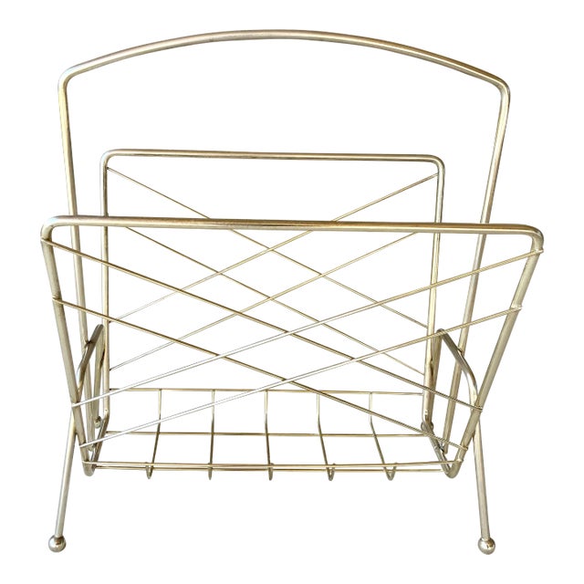 -Mid 20th-Century Atomic-Style Brass-Plated Metal Wire Media Rack For Sale