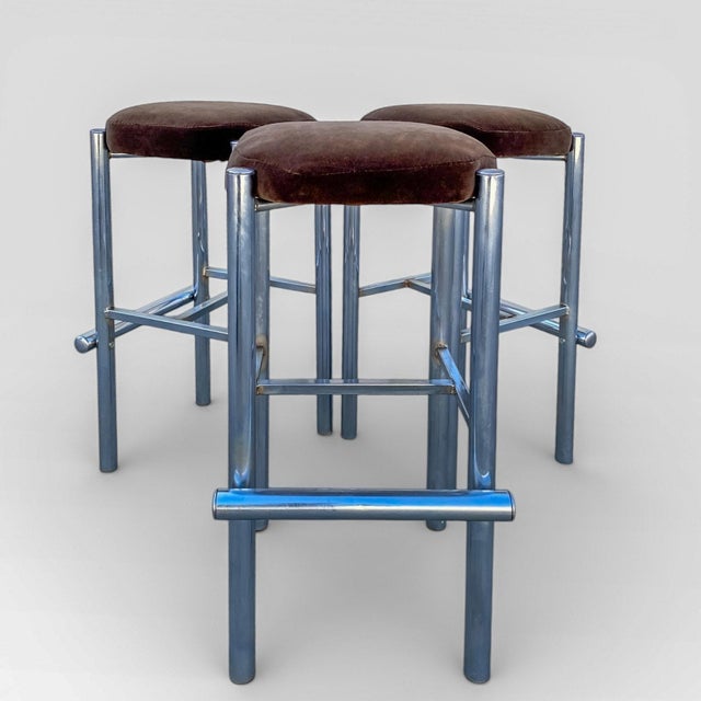 Chrome Bar Stools With Chocolate Velvet Seats, Set of Three,Vintage Mid Century For Sale - Image 12 of 18