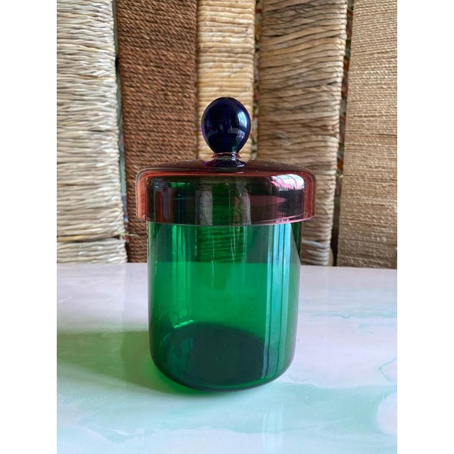 Handmade Green, Pink and Blue Glass Lidded Jar by Erik Höglund for Nordiska Kompaniet, 1992 For Sale - Image 6 of 11