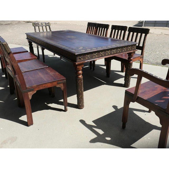 Wood Anglo-Indian Raj Table and Chairs with Metal Decor, 1920s, Set of 11 For Sale - Image 7 of 11
