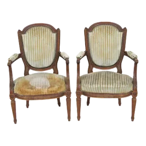 Pair of Antique Louis XVI Style Carved Walnut Fauteuils Arm Chairs