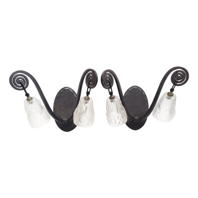 French Wrought Iron Sconces with Molded Glass Shades by Maison Degué, Set of 2 For Sale