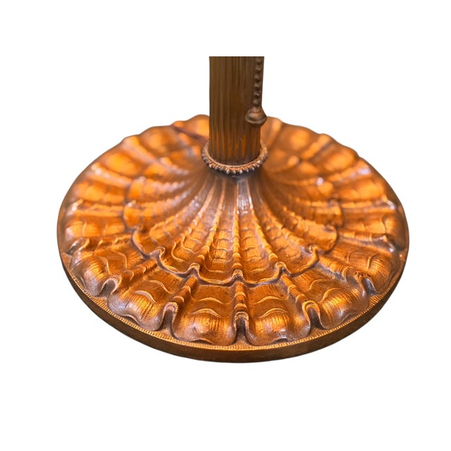 Arts & Crafts Antique 1910s Edward Miller Table Lamp With Original Copper Finish, 1920s Orange and Gold Mica Shade With Rewired Pullchain Socket For Sale - Image 3 of 18