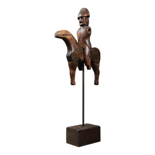 Vintage Folk Art Primitive Hand Carved Soldier With Horse Sculpture, Signed For Sale