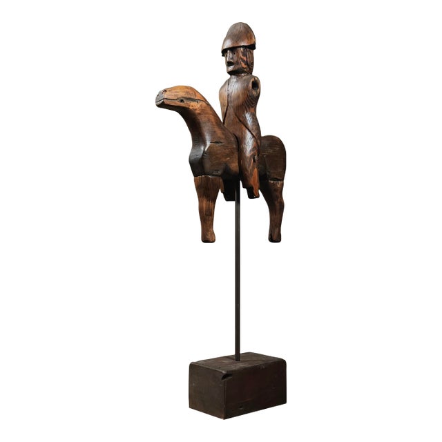 Vintage Folk Art Primitive Hand Carved Soldier With Horse Sculpture, Signed For Sale