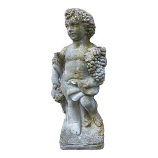 Late 20th Century Neoclassical Cast Stone Putto With Grapes Garden Statue For Sale