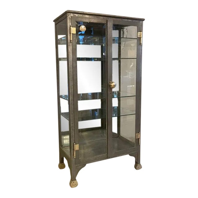 Late 19th Century Antique Industrial Brushed Steel Double Door Apothecary Display Cabinet For Sale