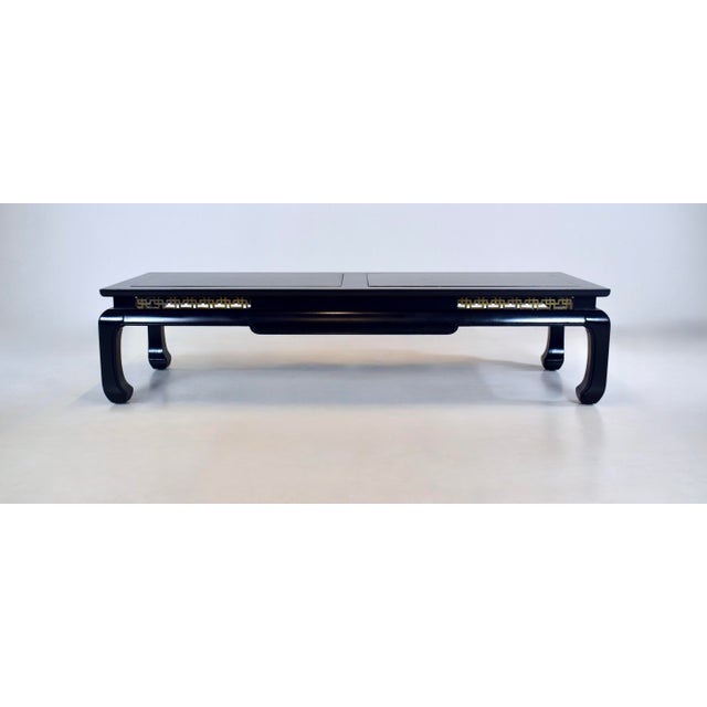 Ming Style Coffee Table, Black Lacquered Wood, Brass Fretwork, Usa For Sale - Image 9 of 9