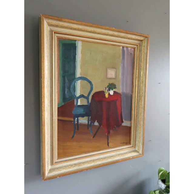 1950 Mid-Century Modern 'The Red Table' Swedish Original Interior Oil Painting, Framed For Sale - Image 4 of 11