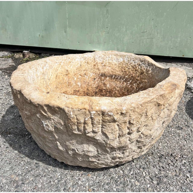 Old vintage solid stone large round bowl from India. Rustic rough texture. Wonderful for outdoor or indoor use / display....