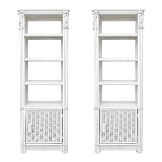 Pair of Petite White Lacquer Faux Bamboo & Wicker Étagère Cabinets For Sale