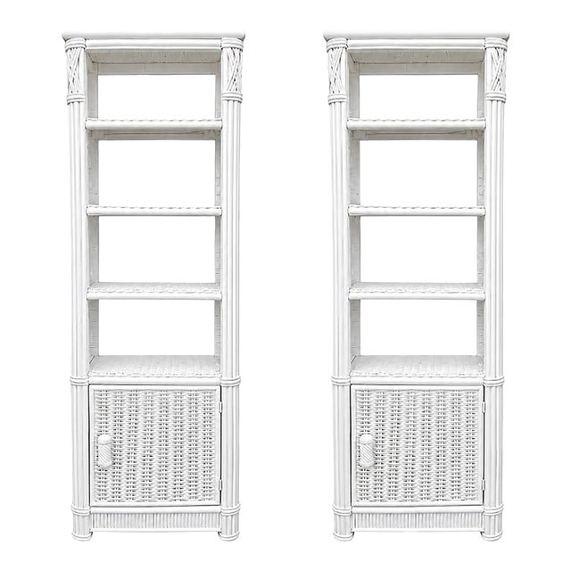 Pair of Petite White Lacquer Faux Bamboo & Wicker Étagère Cabinets For Sale