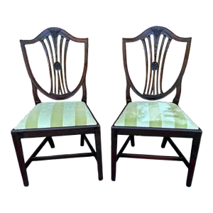 Antique 19th Century Pair of Federal Style Mahogany Carved Wheatsheaf Shield Back Side Chairs.