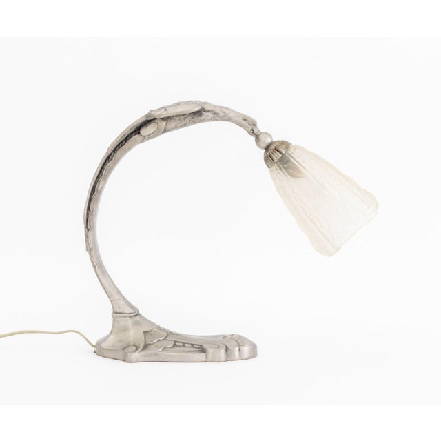 French Art Deco Eagle Form Chrome Table or Desk Lamp, the frosted glass shade signed "Donna Paris". 12.75" H x 14.5" W x...