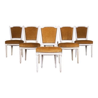 Antique French Louis XVI Style Painted Dining Chairs W/ Golden Yellow Fabric - Set of 6 For Sale