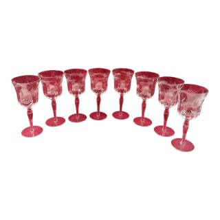 1950s Crystal Etched Wine Glasses - Set of 8 For Sale