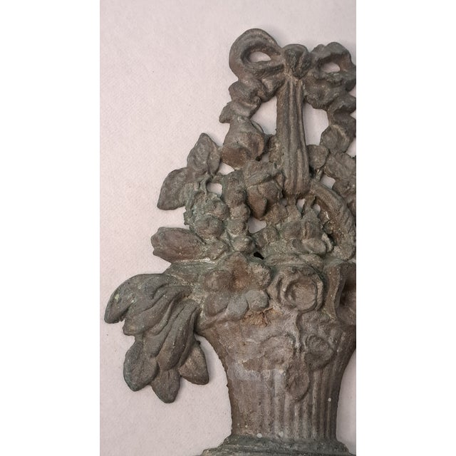 Verdigris Antique Solid Cast Brass Floral Basket Doorstop With Bow and Verdigris Patina For Sale - Image 8 of 11