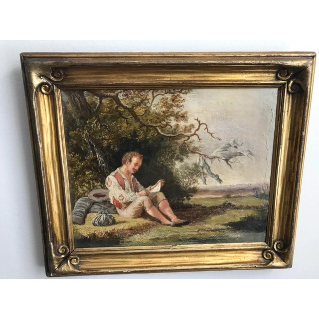 Italian 19th Italian Oil on Canvas in Period Gilt Frame. “Boy Reading Book Under a Tree” For Sale - Image 3 of 12