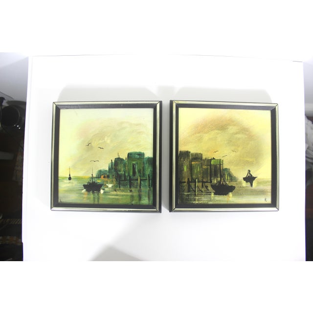 Mid 20th Century Signed Vintage Oil Paintings, Marina Sailboats, Mid-Century Nautical Art Framed, a Pair For Sale - Image 5 of 14
