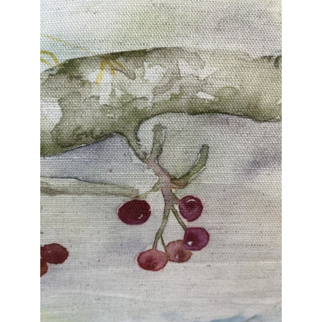 Textile 16" Square Decorative Toss Pillow Embellished With a Pair of Colorful Birds Perched on a Tree Limb With Red Berries - Made in the U K For Sale - Image 7 of 11