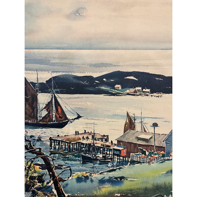 Blue Vintage Framed Harbor Landscape Print by C. Ivar Gilbert - Coastal Sailboat & Village Scene, Gold-Tone Frame For Sale - Image 8 of 12