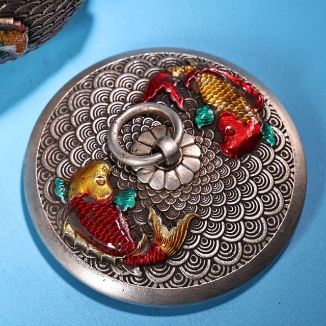 Metal Vintage Silver and Enamel Lidded Jar With Koi Fish and Lotus Motif For Sale - Image 7 of 9