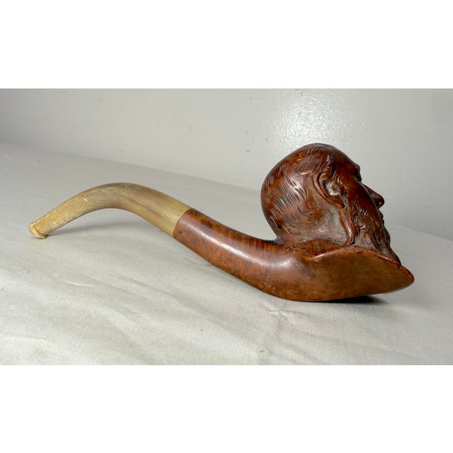 Antique 19th Century Hand Carved Burl Wood Horn Figural Man Face Smoking Pipe For Sale - Image 12 of 15