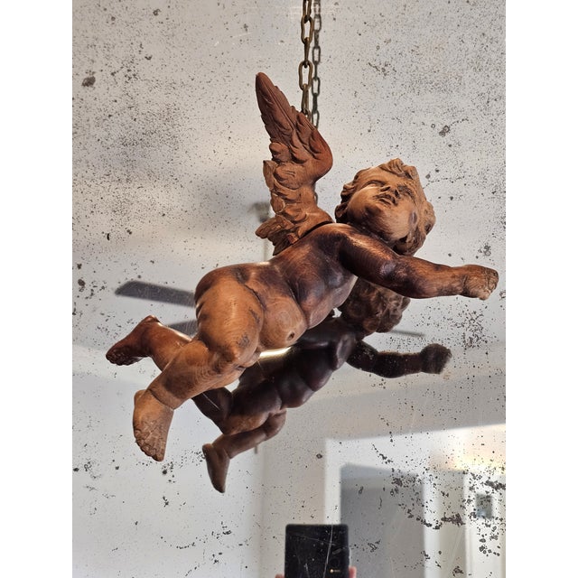 Gold 18th/19th Century Italian Carved Giltwood Arched Large Wall Mirror With Floating Winged Cherub Figure For Sale - Image 8 of 12