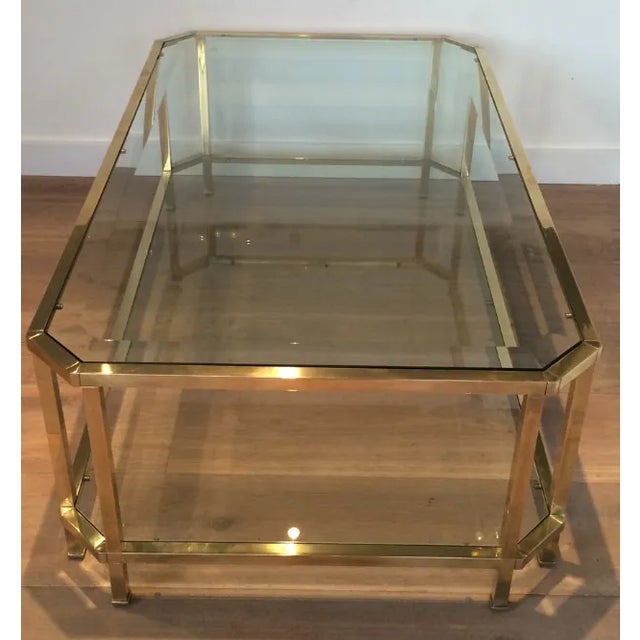 Mid-Century Modern Mid Century Modern Roche Bobois Two Tiered Brass Coffee Table With Octagonal Corners and Beveled Top Glass Circa 1970 Pair of Tables For Sale - Image 3 of 6