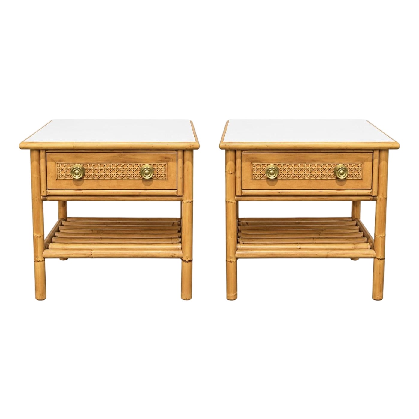 MCM Dux Bamboo & Rattan Nightstands With Laminate Top | Chairish