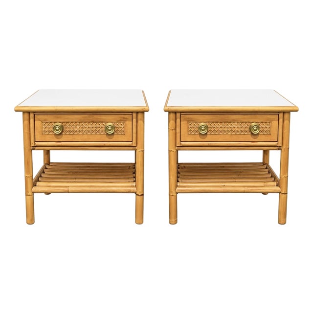 MCM Dux Bamboo & Rattan Nightstands With Laminate Top For Sale