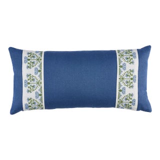 Schumacher Custis Stripe Embroidered 24" Lumbar Pillow in Chesapeake For Sale