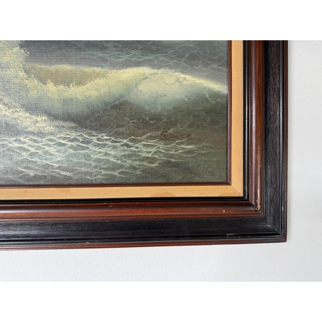 White 70's Vintage Brawer Ocean Seascape Oil Painting, Framed For Sale - Image 8 of 11