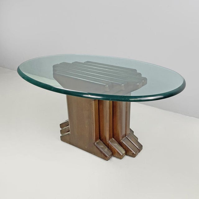 Italian Modern Wooden Coffee Table with Geometrical Base and Glass Top, 1970s For Sale - Image 3 of 18