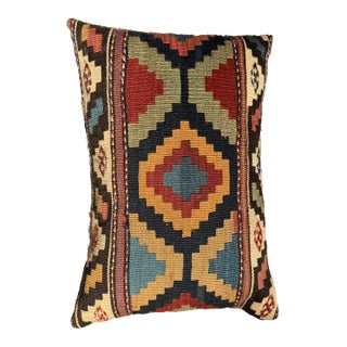 Multicolor Geometric Accent Pillow Made From 19th Century Handwoven Wool Ghashghai Kilim Rug For Sale