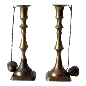Vintage Brass Candleholders Pair With Hanging Snuffers