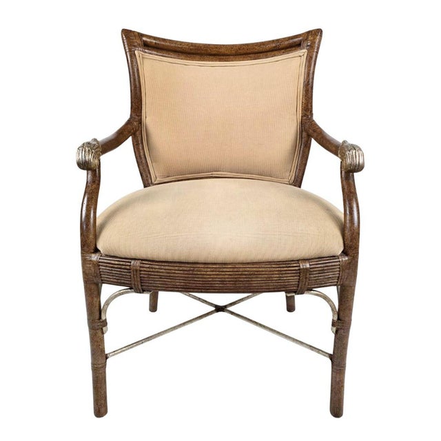Vintage Hollywood Regency Faux Bamboo Armchairs With Gilt Scroll Arms After Ferguson Copeland, Set of 4 For Sale - Image 10 of 14