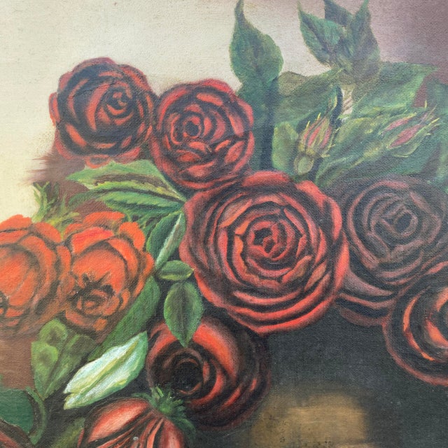 Stunning early 1900s oil on canvas still life of roses. Unsigned. Has a bit of a Chicago School graphic element. From a...