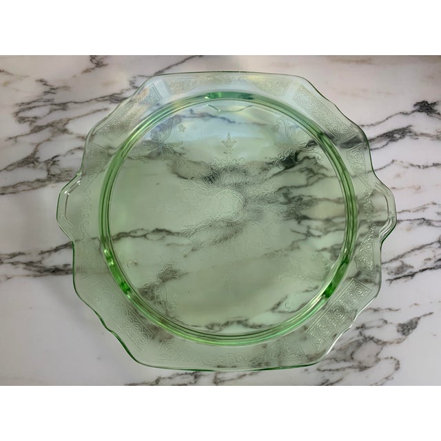 1930s Green Depression Uranium Glass Footed Cake Plate For Sale - Image 9 of 11
