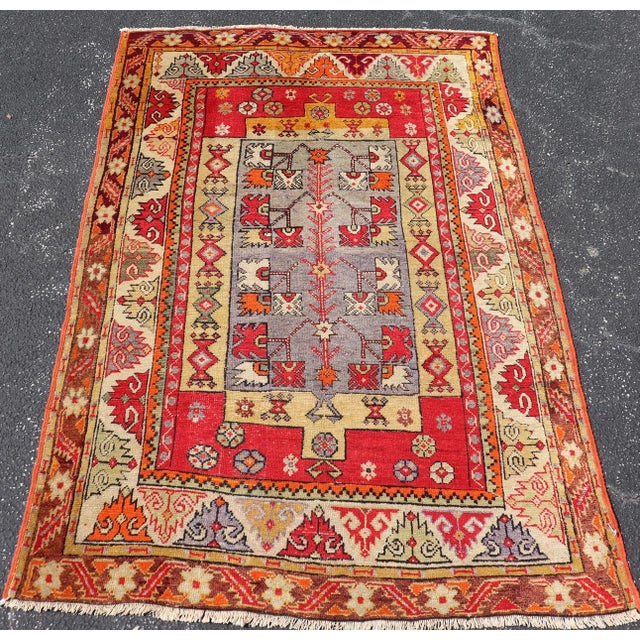 Colorful Antique Turkish Small Oushak Carpet in Multi Layered Design For Sale - Image 9 of 14