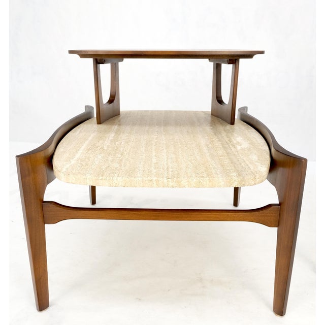 Mid 20th Century Pair Sculptural 1970s Walnut Travertine Tops Step Side End Tables Singer Sons For Sale - Image 5 of 18