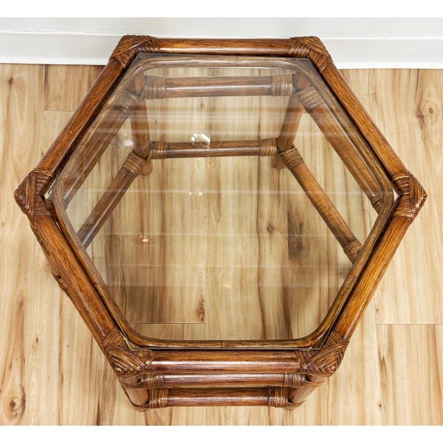 Brown Vintage Angular Rattan Glass Top Side Table For Sale - Image 8 of 8