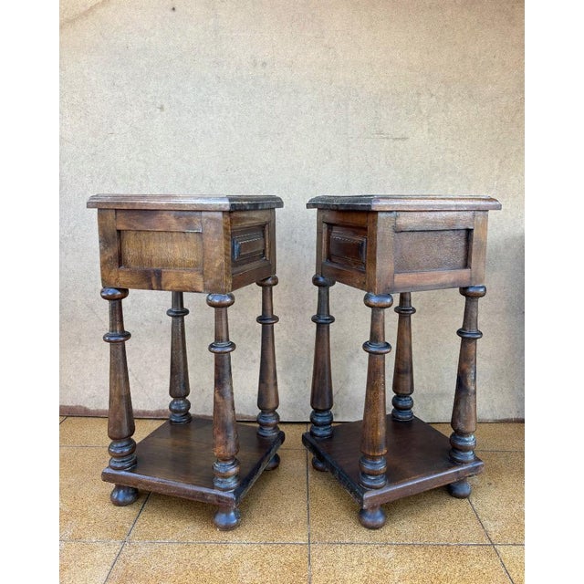 Brown 1940s Pair of Spanish Baroque Revival Night stands or Side Tables with Drawer For Sale - Image 8 of 8