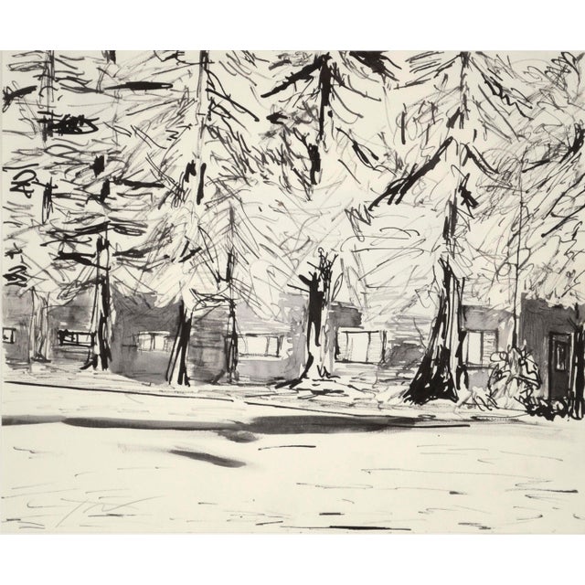 India ink and watercolor landscape in black done with expressive, linear brushstrokes featuring tall redwood trees with...