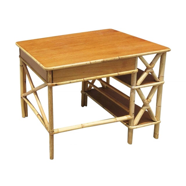 1950s Restored Rattan and Mahogany Writing Desk with Side Shelf For Sale In Los Angeles - Image 6 of 9