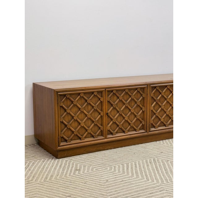 Drexel Collage MCM Low Console Lattice Door Faces Vintage Credenza Finished Back For Sale - Image 13 of 16