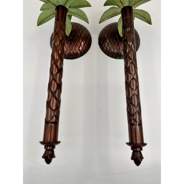 Metal Vintage 1990s Metal Palm Tree Candle Wall Sconces With Glass Hurricane Shades - A Pair For Sale - Image 7 of 12