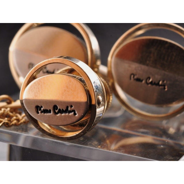 Art Deco Vintage PIERRE CARDIN Steel & Gold Plate Logo Cufflinks, Original Case Circa1960 For Sale - Image 3 of 12
